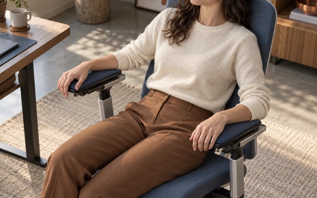Seated worker resting naturally on a task chair with layered adjustable armrest mechanisms