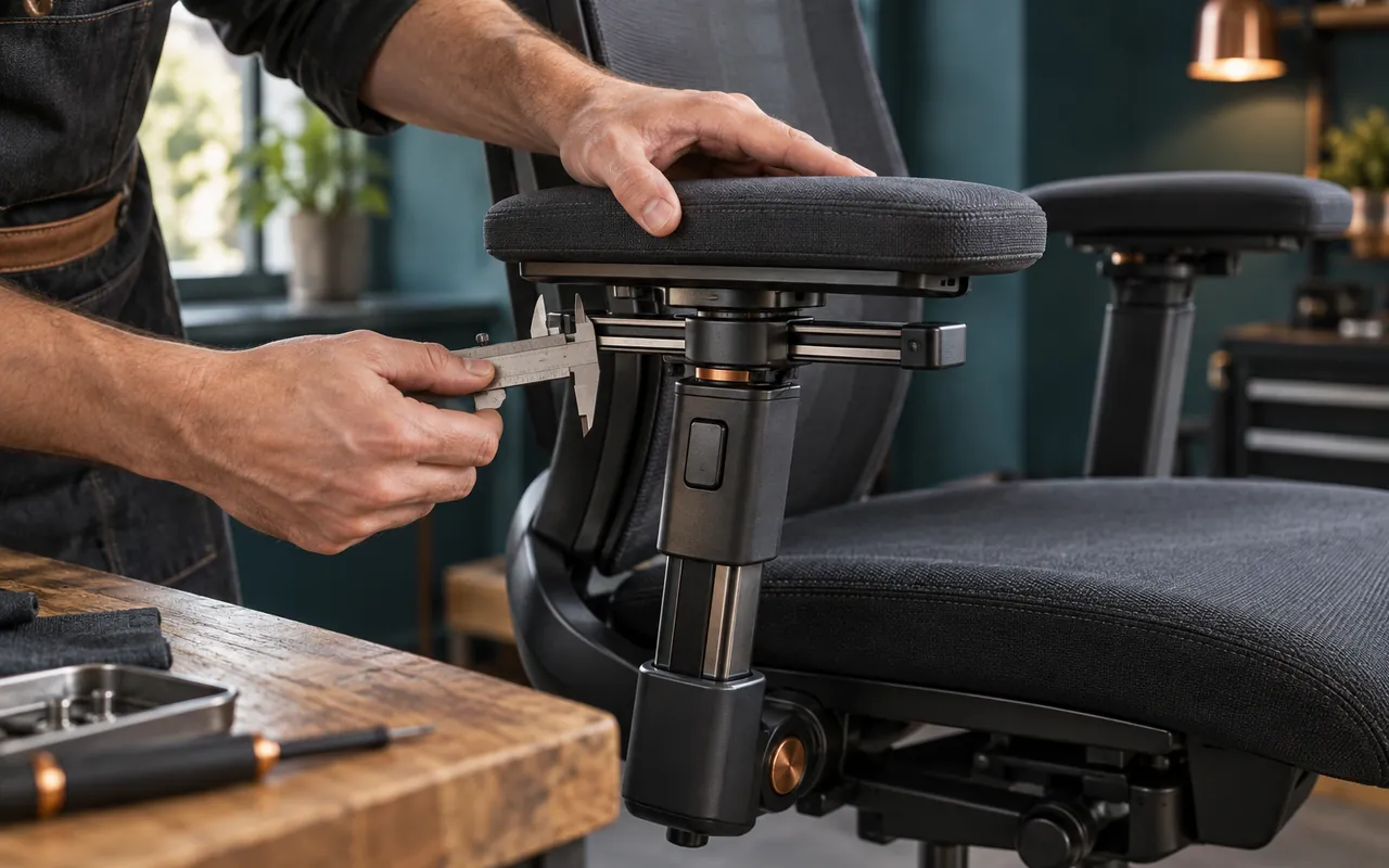 Technician examining the connected slide rails and pivot beneath an office-chair armrest pad