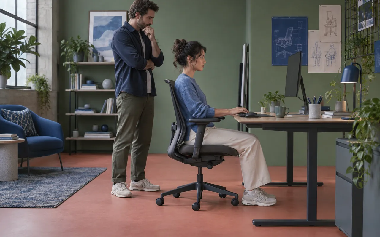 Two coworkers observing armrest alignment on a shared task chair at a desk